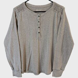 Ariat Pointelle Crochet Lace Henley Shirt Top Oatmeal Women's Medium 100% Cotton